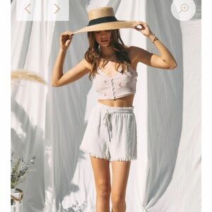 Beachy tie waist cream tan frayed shorts